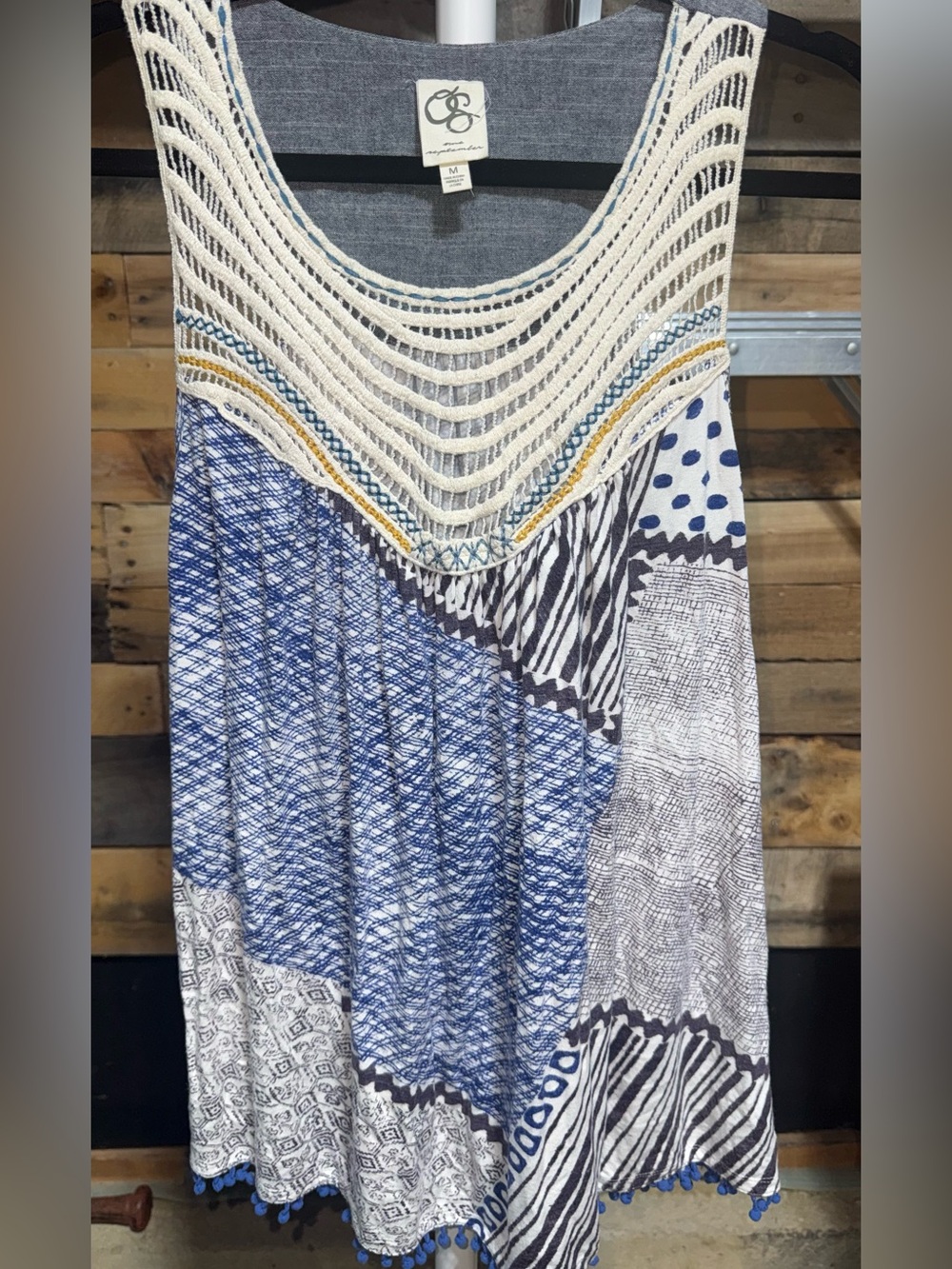 Crochet Yoke Patchwork Tank Top in Blue & Cream Medium